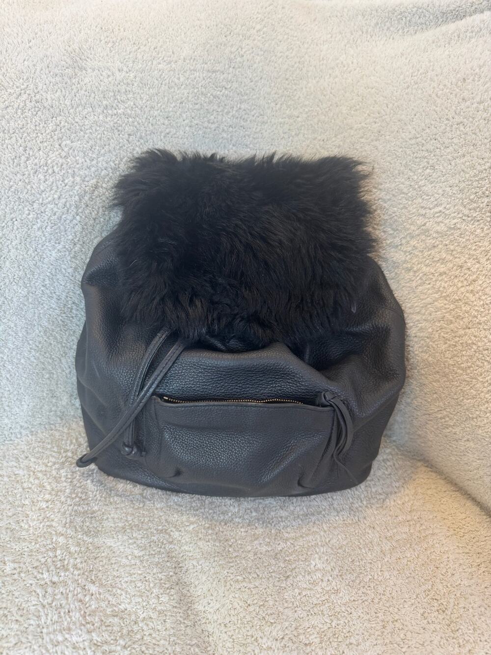 Elizabeth & James Black Leather Mini Backpack Furry Shearling Flap Rucksack Bag